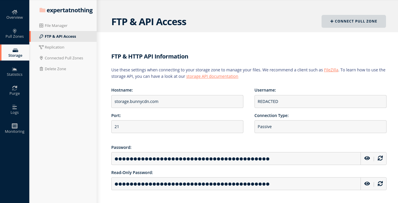 Screenshot of BunnyCDN FTP &amp; API Access settings